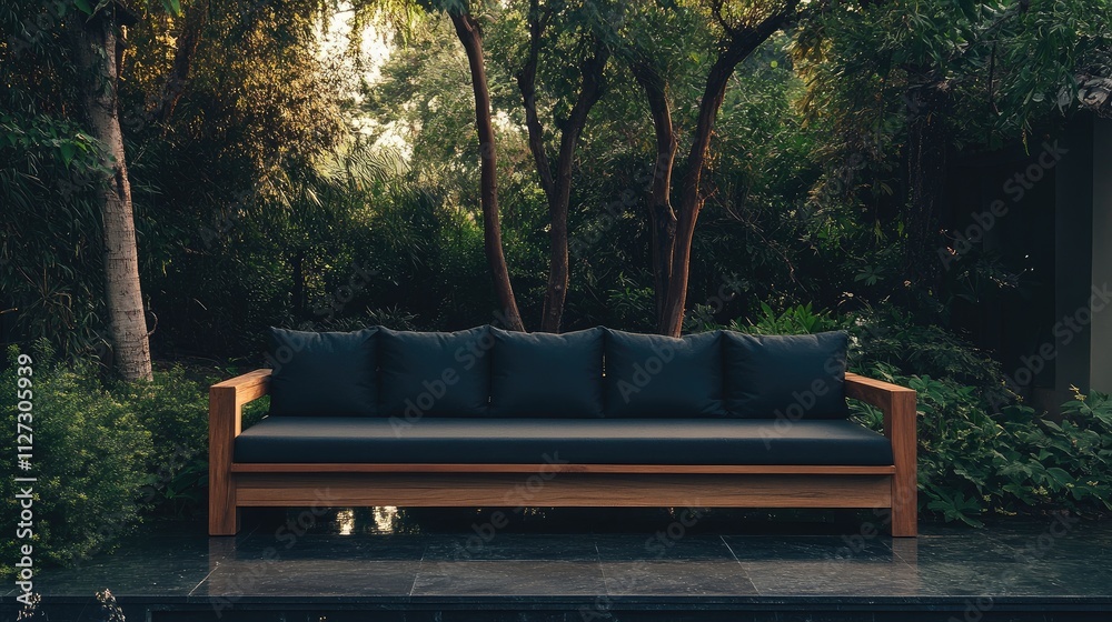 Poster stylish outdoor couch surrounded by lush greenery and trees perfect for relaxation in a serene garde