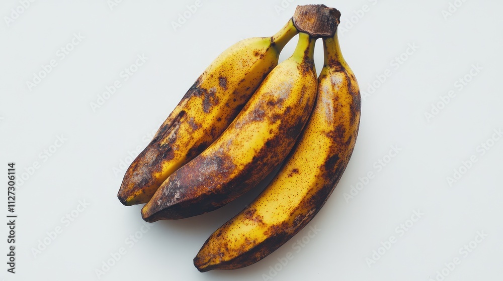 Poster three ripe bananas with brown spots isolated on a clean white background showcasing their texture an