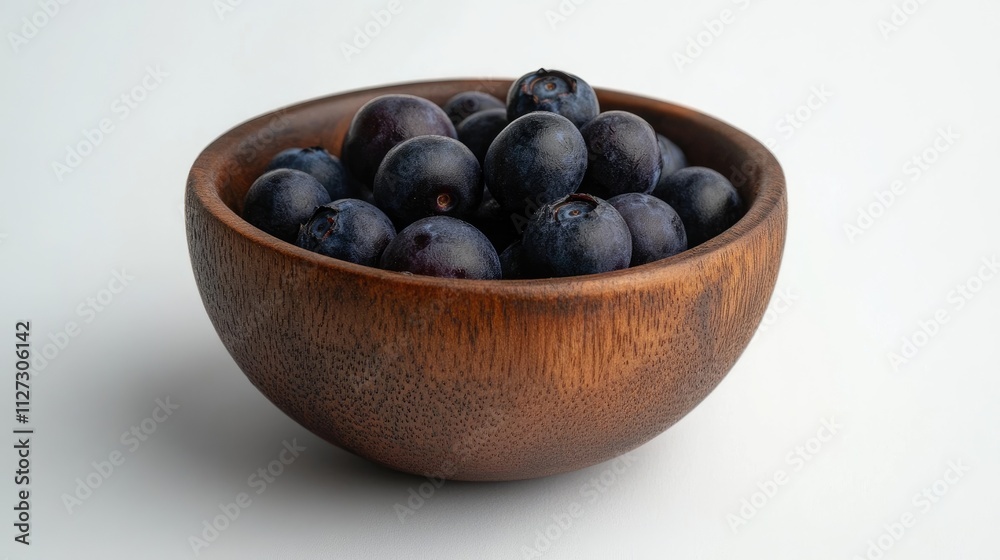 Poster fresh blueberries artistically arranged in a rustic wooden bowl against a clean white backdrop showc