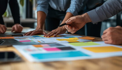 close-up of team members hands discussing project information