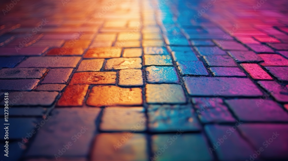 Poster colorful blurred texture of a brick floor showcasing vibrant hues and reflections in a visually stri