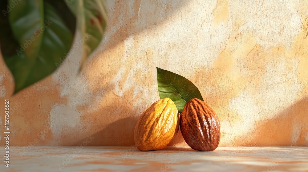 Poster cacao fruits with green leaves on textured background highlighting the natural colors and shapes of 