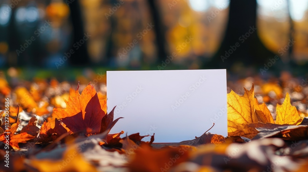 Poster blank sheet of paper surrounded by colorful autumn leaves in a park setting ideal for seasonal messa