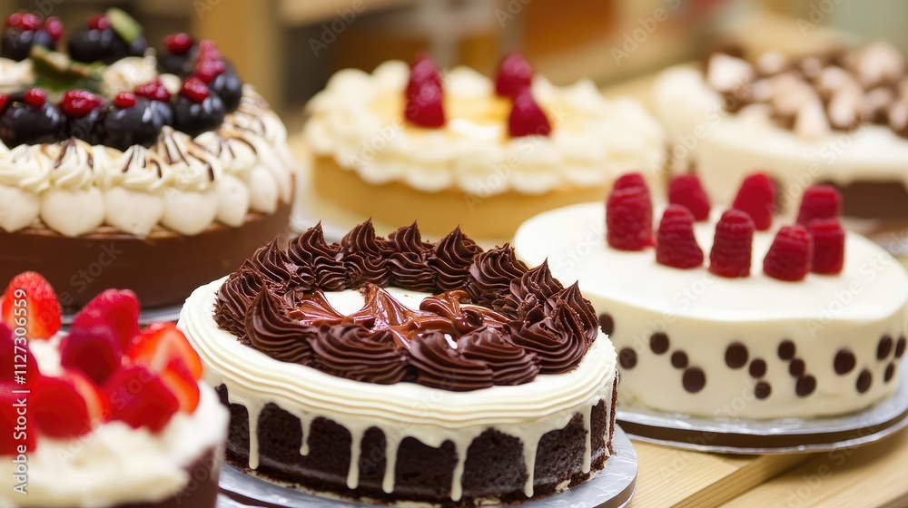 Poster assorted delicious birthday cake varieties beautifully displayed in a vibrant setting with fresh fru