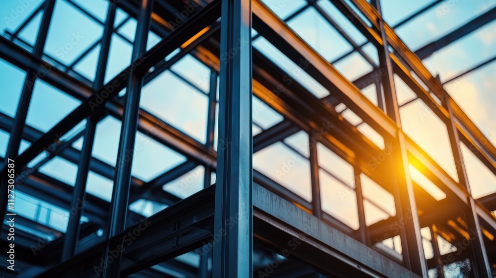 Aufkleber Steel framework of a modern building with sunlight reflections against a soft blurred background showcasing construction progress and architectural design.