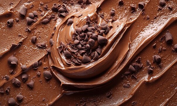 Chocolate swirls with cocoa chips. Closeup shot of rich brown creamy baking spread with scattered dark sweet chips