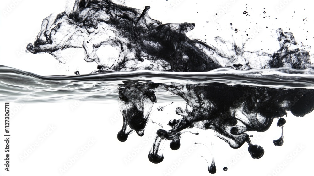 Aufkleber Black ink dispersion in water creating artistic swirls and patterns on a clean white background showcasing fluid dynamics and contrast
