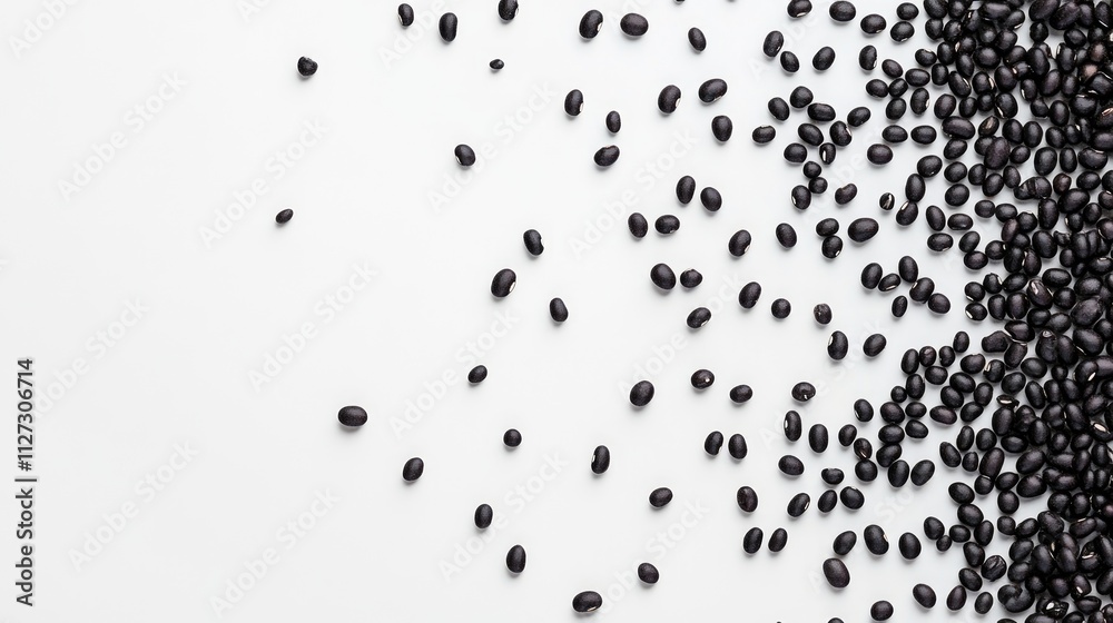 Poster black beans scattered on a clean white background showcasing texture and detail ideal for culinary o