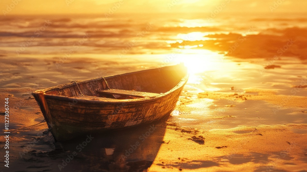 Poster serene sunset over beach with golden sunlight reflecting on an abandoned boat moored at low tide cre