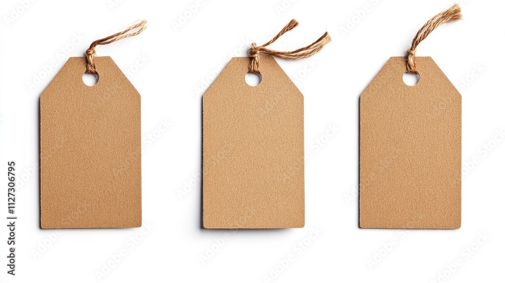 Poster blank brown cardboard price tags with string on a white background for labeling and pricing purposes