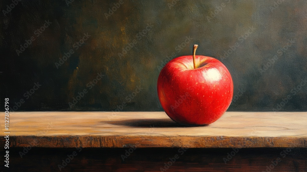 Poster Red apple resting on a rustic wooden surface with a dark background highlighting its vibrant color and natural texture