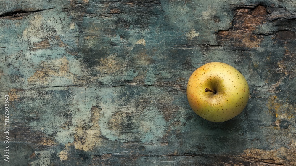 Poster Fresh apple resting on weathered wooden surface showcasing natural textures and colors in a rustic setting.