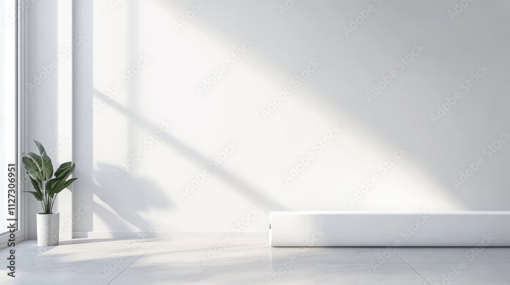Poster minimalist interior with fresh white wall and paint roller in empty space ideal for renovation and d