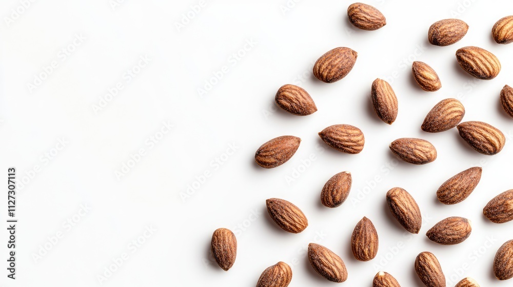 Poster almonds scattered on a clean white background showcasing natural texture and color suitable for food