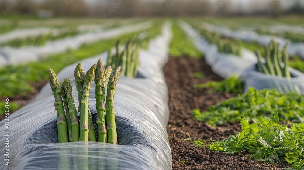 Poster asparagus field featuring rows with protective plastic covering and fresh asparagus spears emerging 