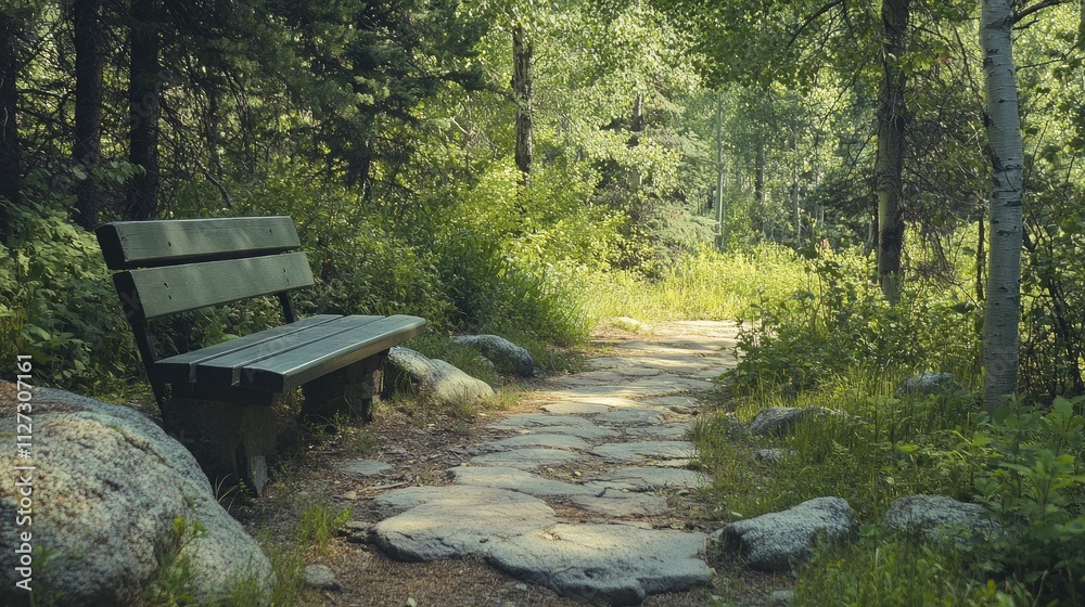 Poster serene forest bench alongside a stone path surrounded by lush greenery perfect for resting in a peac