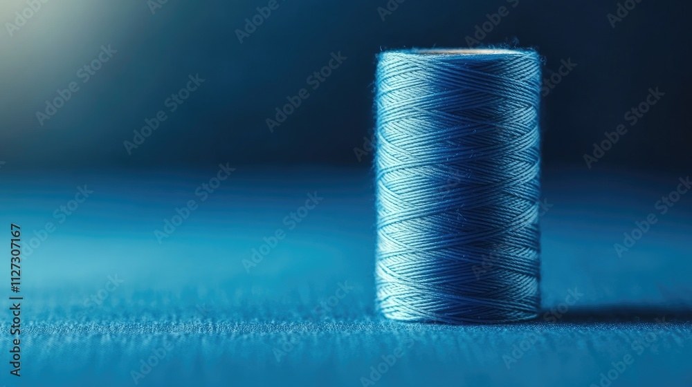 Aufkleber Blue sewing thread spool with gradient background and selective focus showcasing texture and color nuances in fabric crafting.