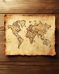 An antique-style world map on aged parchment, showcasing global geography and exploration.