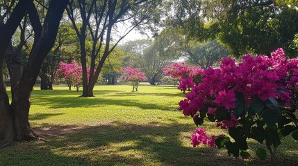 Lush park scene featuring vibrant Bougainvillea flowers surrounded by green trees and tranquil landscape setting