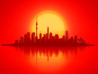 Fototapeta premium Cityscape Silhouette at Sunset Over Water