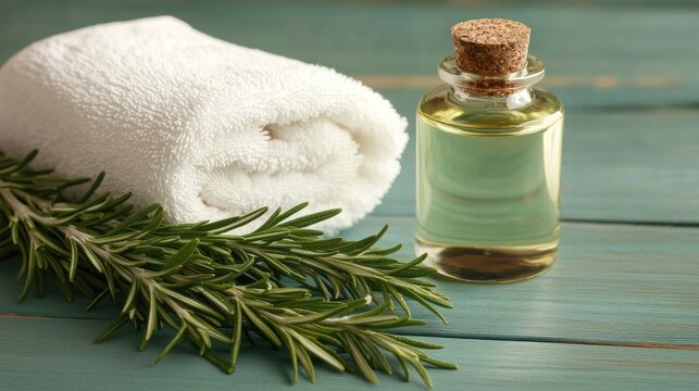 Rosemary branches spa essentials with rolled towel and bottle of massage oil on rustic wooden background wellness and relaxation concept