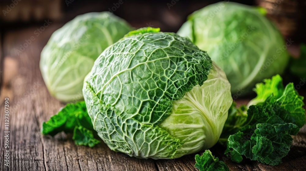 Poster fresh green cabbage heads arranged on a rustic wooden table with leafy greens in the background show