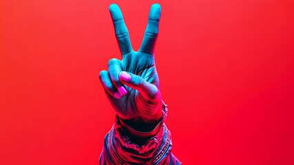 Hand showing peace sign with colorful lighting on red background - Powered by Adobe