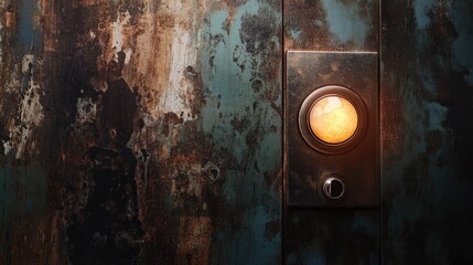 Vintage elevator button on a weathered metal panel showcasing an illuminated round switch against a rustic background.