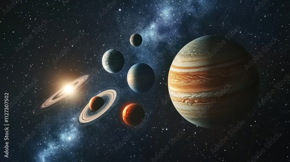 Poster artistic representation of the solar system featuring colorful planets and swirling gas against a st