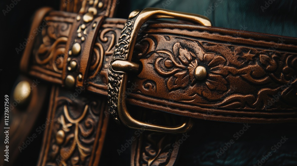 Poster intricately designed leather belt close-up showcasing detailed embossing in a studio setting
