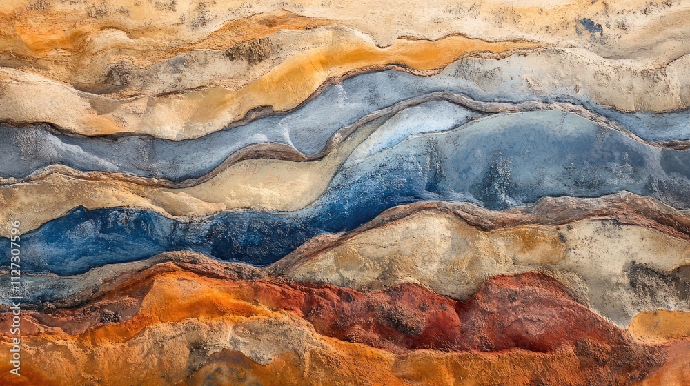Poster aerial view of the painted desert showcasing vibrant layers of earth tones and wavy patterns in the 