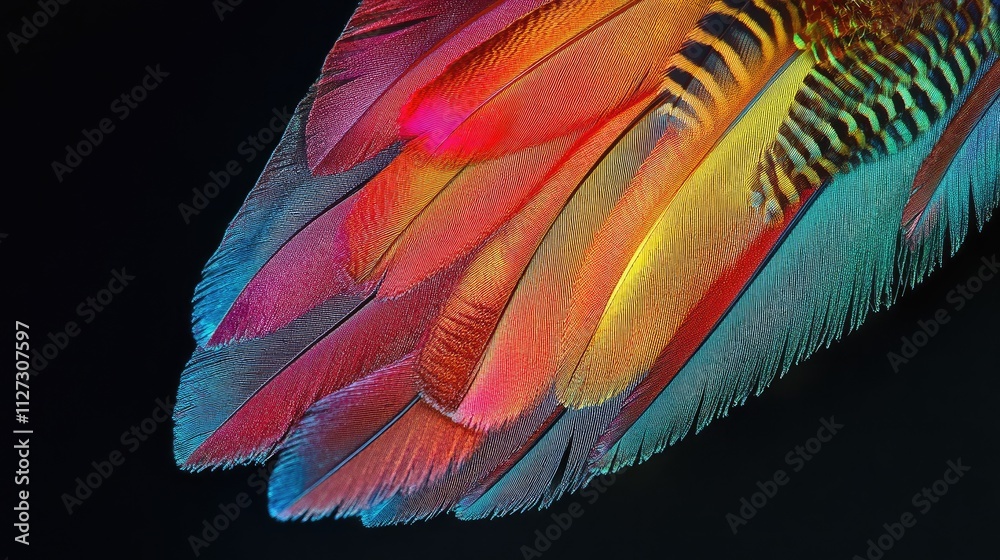 Poster colorful bird feather detail against a black background showcasing vibrant hues and intricate patter