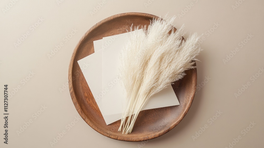 Poster minimalist greeting card mockup with pampas grass on wooden plate in beige workspace flat lay compos