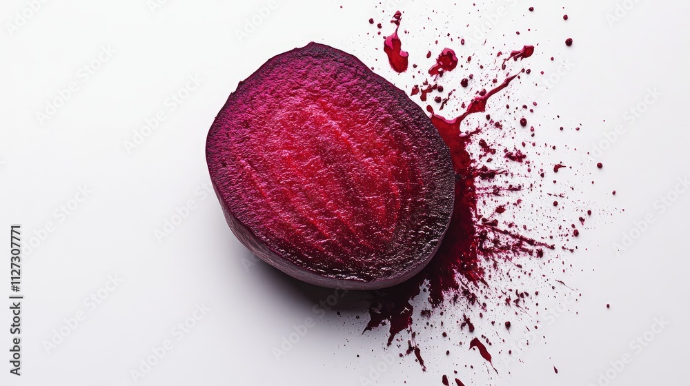 Poster fresh beetroot cut in half with vibrant purple color and splattered juice on a clean white backgroun