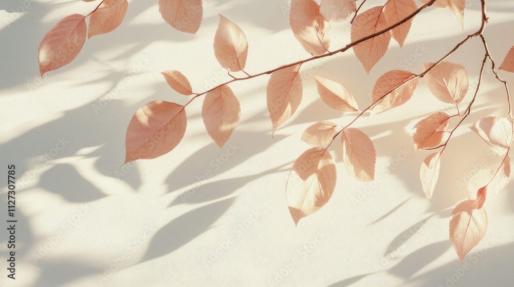 Poster pastel pink and beige leaves casting shadows on a white wall creating a serene background texture fo