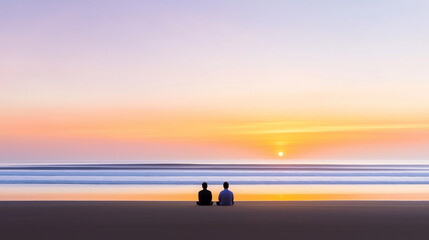 Fototapeta premium Two individuals sit on the sand by the beach, enjoying a peaceful sunset over the ocean waves