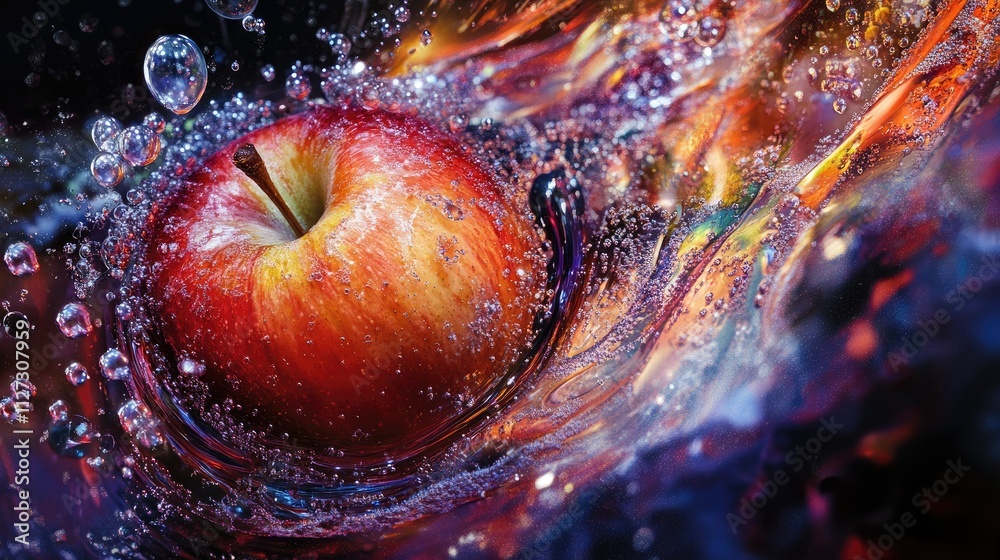 Poster fresh and vibrant red apple immersed in water surrounded by bubbles creating an eye-catching and liv