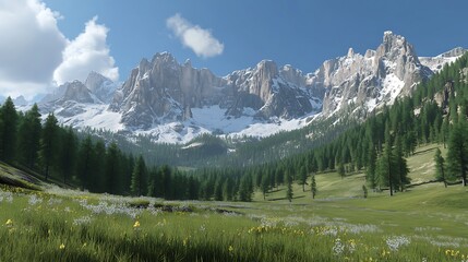 Scenic mountain landscape with snow-capped peaks and lush green meadows.