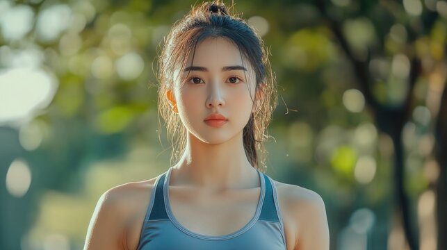 Yoga practice outdoors showcasing a focused Asian woman in stylish sportswear under natural lighting conditions.