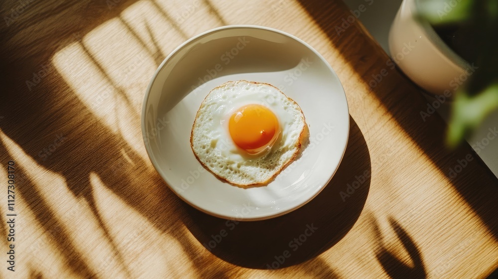 Poster classic fried egg with bright yolk on minimalist plate accented by natural sunlight and soft shadows