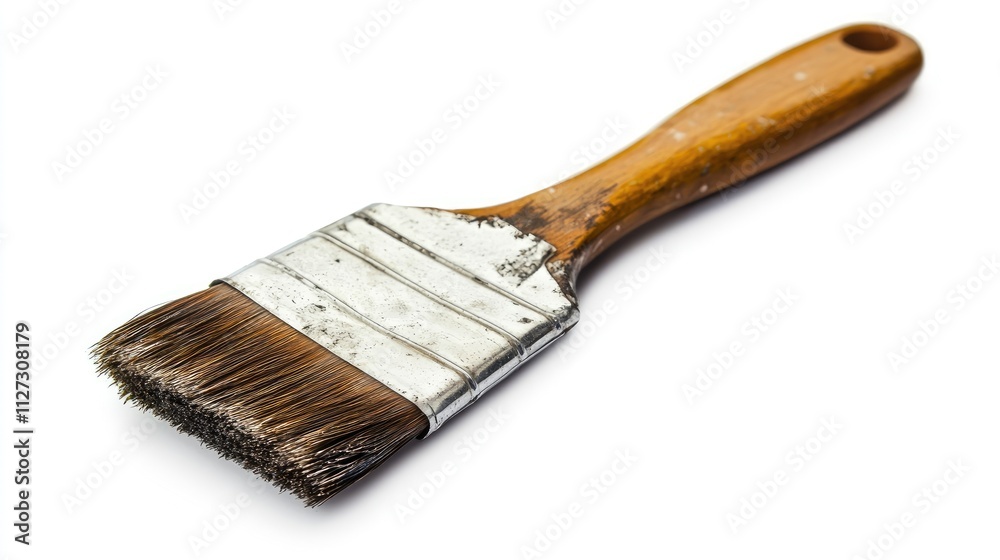 Poster old wooden paintbrush with bristles resting on a white background showcasing wear and character idea
