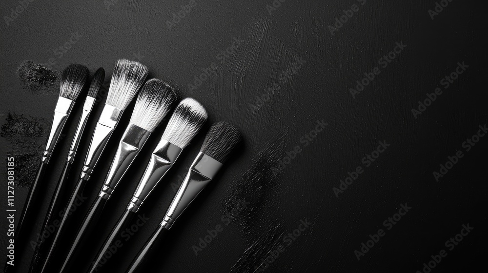 Poster artistic black and white composition of paint brushes arranged on a sleek black background showcasin