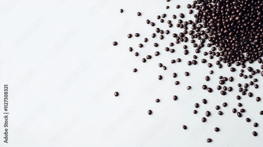 Poster Black beans scattered on a white surface showcasing their glossy texture and shape in a top-down view suitable for culinary backgrounds