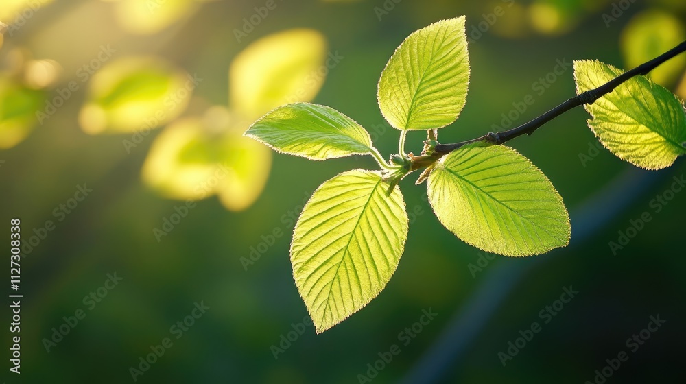 Poster lush green leaves with soft bokeh background creating a serene natural atmosphere in sunlight showca