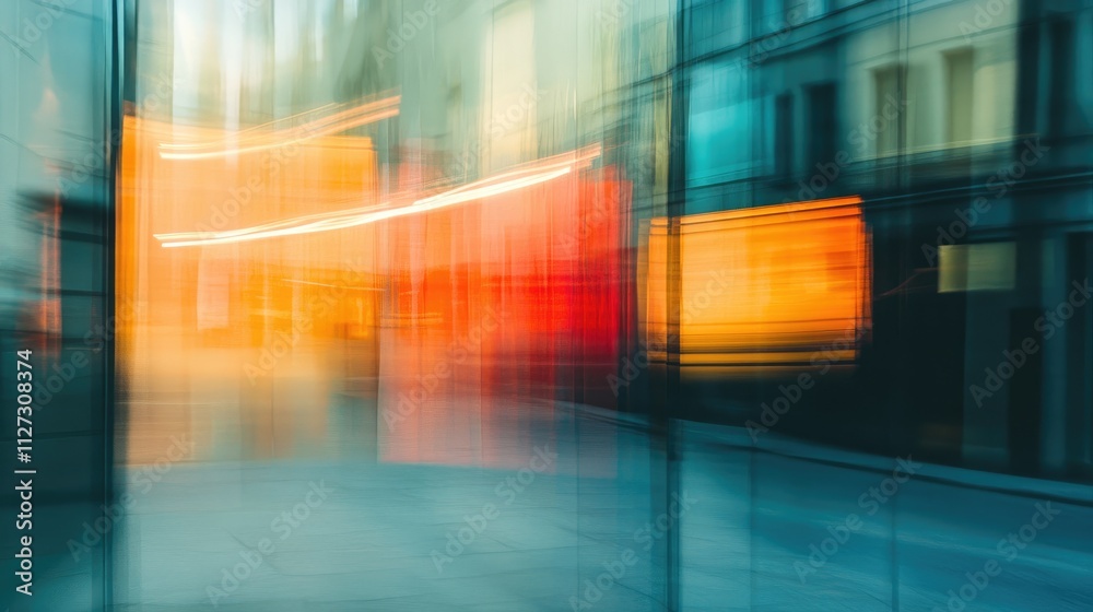 Aufkleber abstract motion blur of modern building glass wall with vibrant orange and red reflections creating 