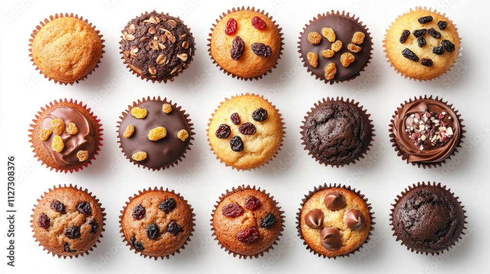 Poster assorted homemade cupcakes including chocolate and raisin flavors displayed from above on a clean wh