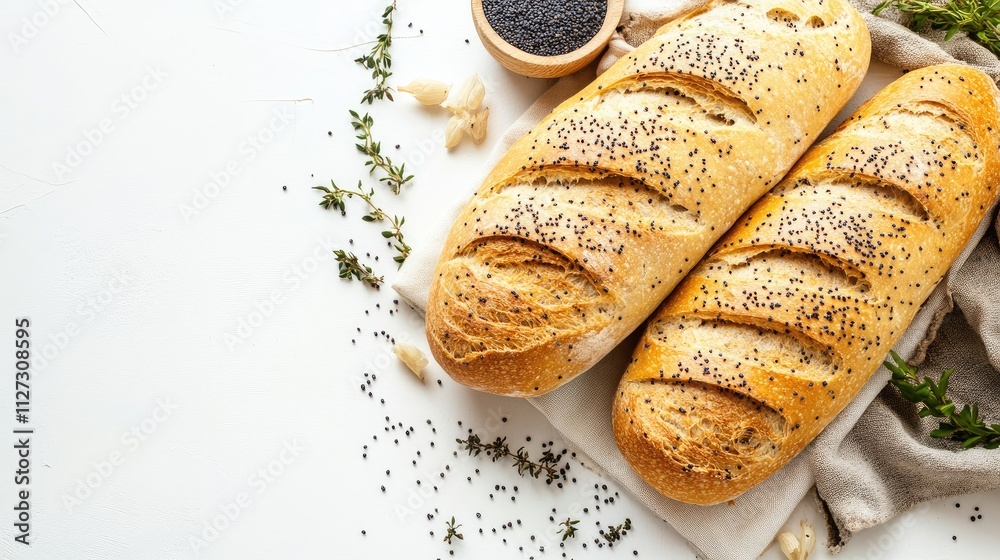 Poster freshly baked baguette topped with poppy seeds surrounded by herbs on a light background ideal for c