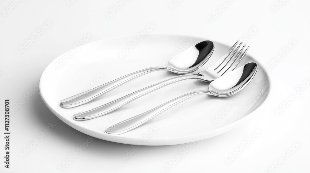 Aufkleber elegant silverware set with fork knife and soup spoon arranged on clean white plate for dining table