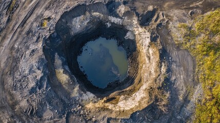 Aerial view of a large sinkhole on an asphalt road surrounded by rugged terrain and vegetation.