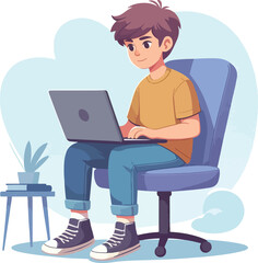 a boy is using his laptop vector